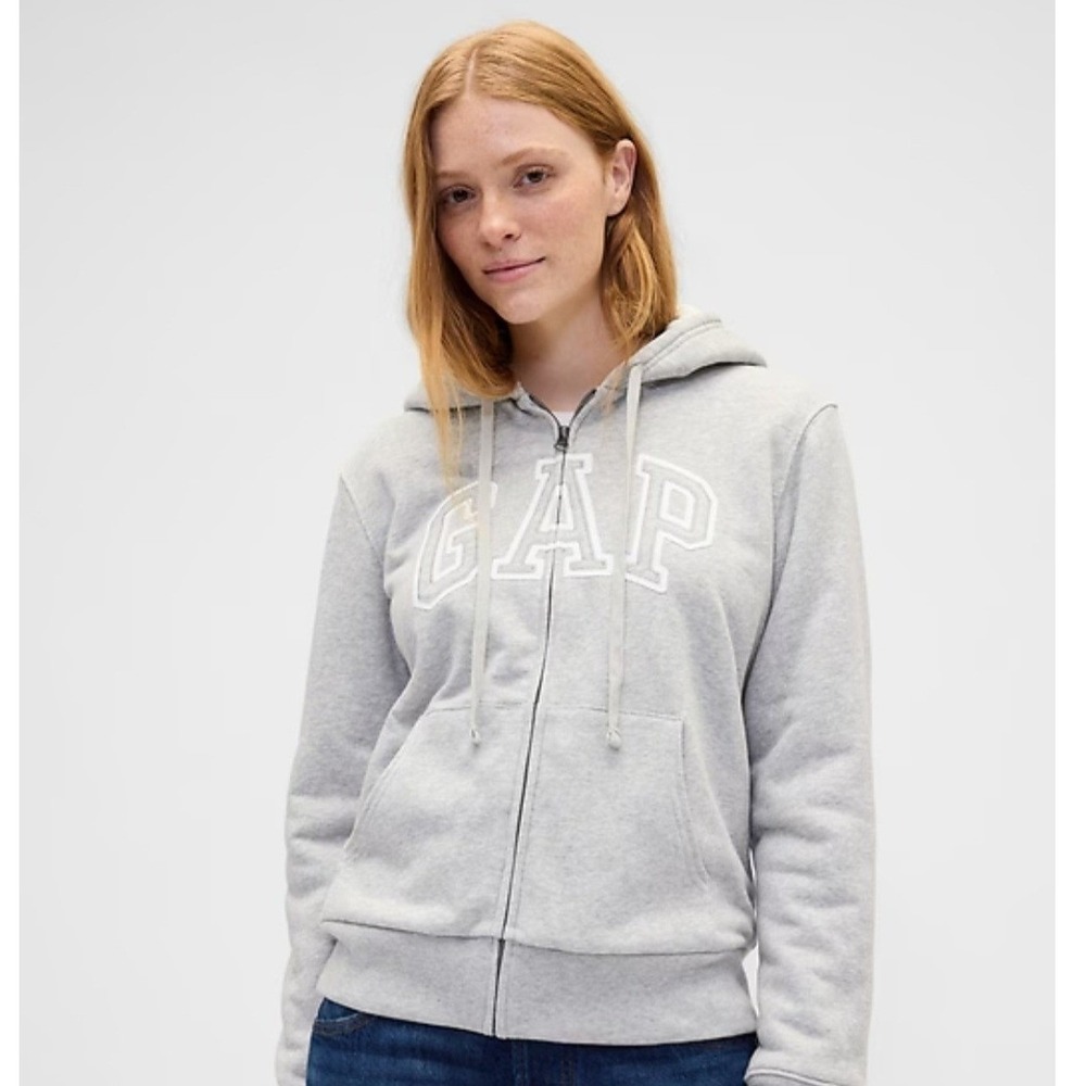 GAP Sherpa Lined Zip Up Hoodie  Heathered Logo Embroidered Women's Large